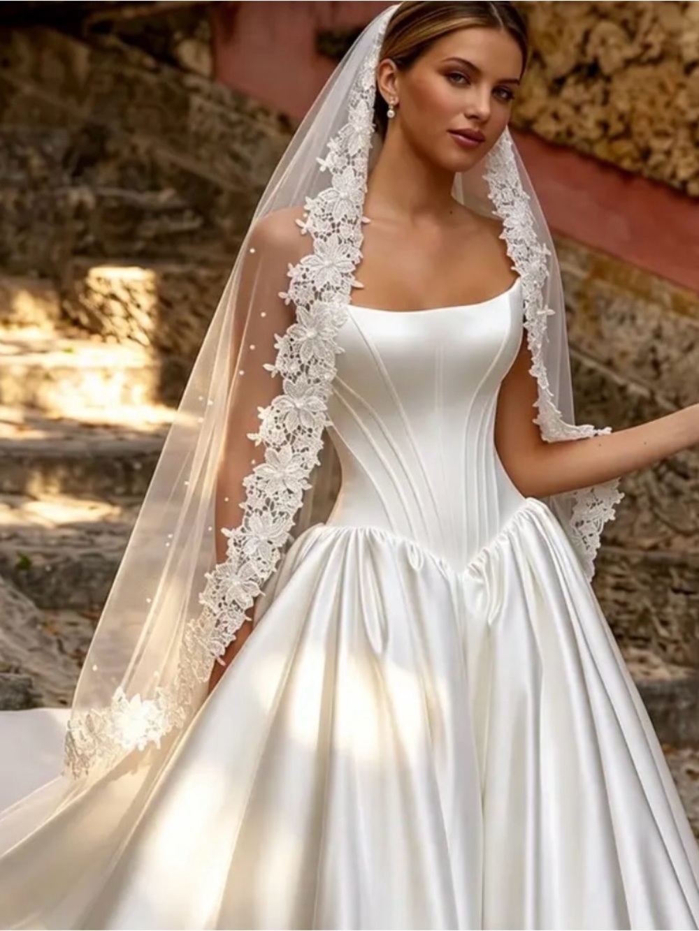 Elegant White Bridal Ball Gown Dress with Floral Lace Veil